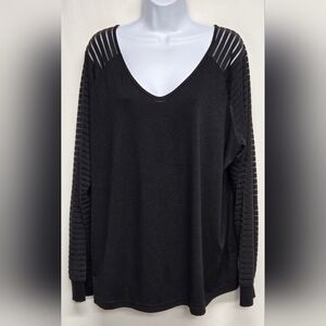 Unbranded Pullover Black Top U Neck Sheer Striped Sleeves 2XL